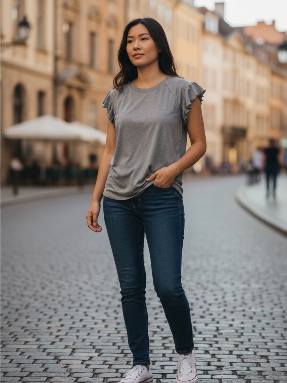 Z Supply Grey Ruffle Sleeve Tee Small Casual Soft Knit Top